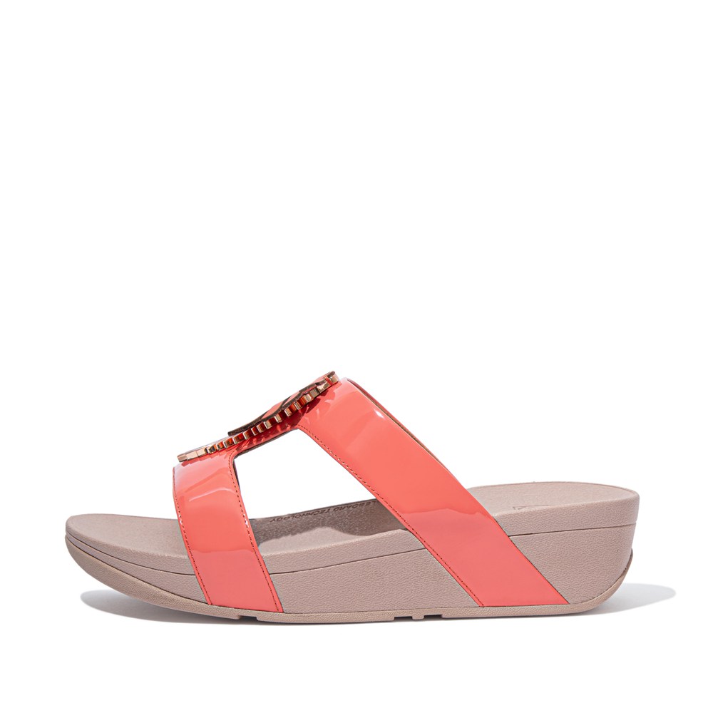 Fitflop Womens Slides Coral Pink - Lottie Jungle-leaf Patent - 80RHUYSLW